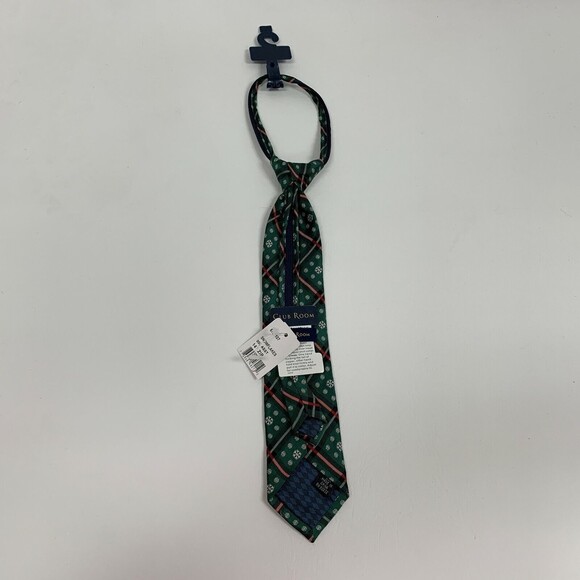 Club Room Boys Zip Tie Green Red White Snowflakes 100% Imported Silk 14" NWT - Picture 5 of 6